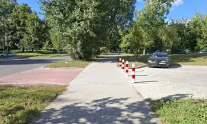Chodnik z kostki brukowej, słupki parkingowe, samochód i drzewa w słoneczny dzień.